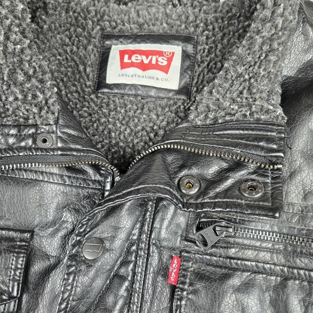 Levi's‎ Faux Leather Sherpa Fleece Lined Bomber Jacket Mens Size XL Black Biker